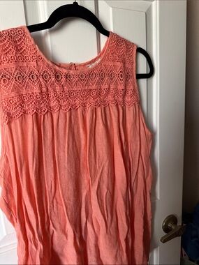 Coral Sleeveless Tank with Lace Yoke